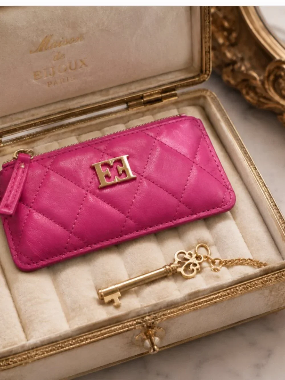 Escada Pink Quilted Leather Key Holder Coin Purse Card Case w/ Dust Bag Rare